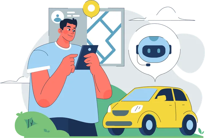 Un hombre usa un chatbot para el mantenimiento de su coche  Ilustración