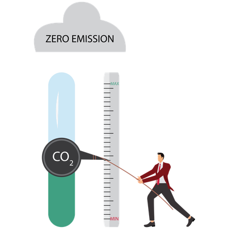 Un hombre usa una cuerda y tira de una flecha en una escala de medición para reducir el CO2.  Ilustración
