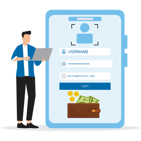 Hombre usando la aplicación Blockchain Wallet  Ilustración