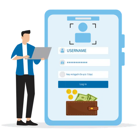 Hombre usando la aplicación Blockchain Wallet  Ilustración