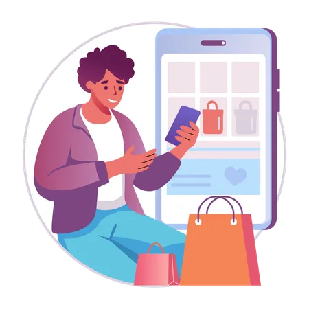 Hombre usando una aplicación de compras para realizar compras  Ilustración