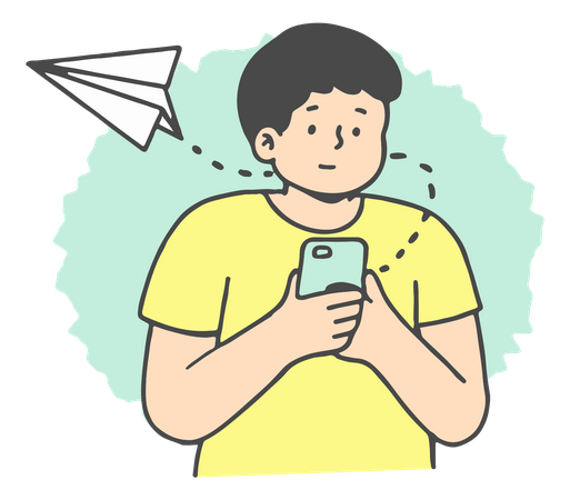 Hombre usando una aplicación móvil para chatear en línea  Ilustración