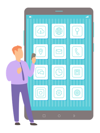 Hombre usando aplicaciones de teléfonos inteligentes  Ilustración