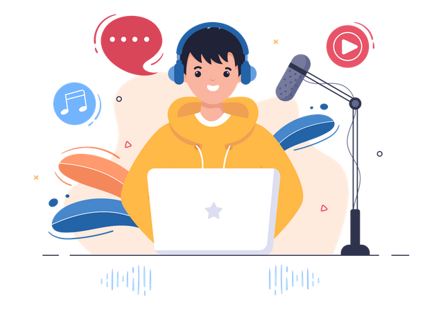 Hombre usando auriculares para grabar audio  Ilustración