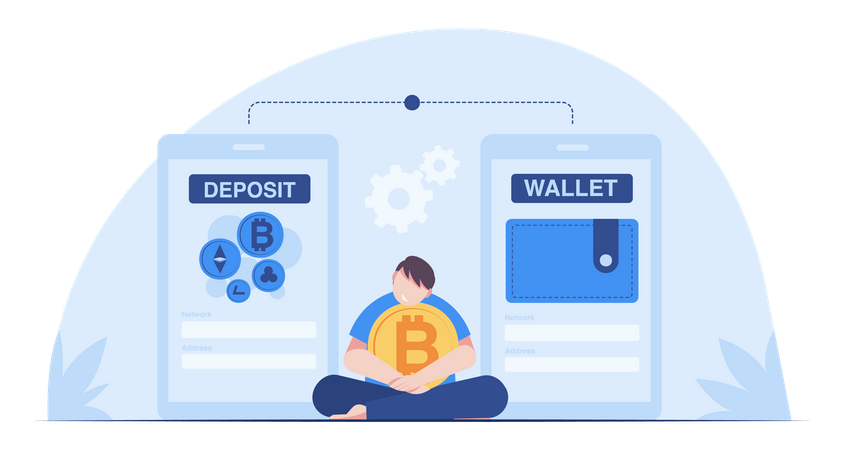 Hombre usando billetera criptográfica  Ilustración