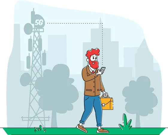 Hombre usando el móvil mientras camina  Ilustración