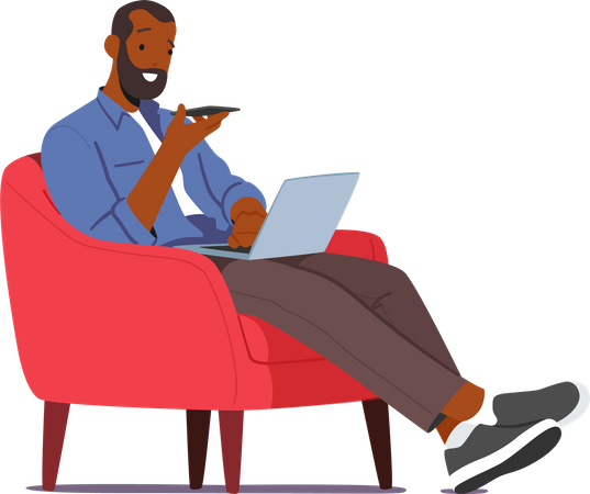 Hombre usando el servicio Chat Bot en su teléfono inteligente y computadora portátil mientras está sentado en un sillón  Ilustración