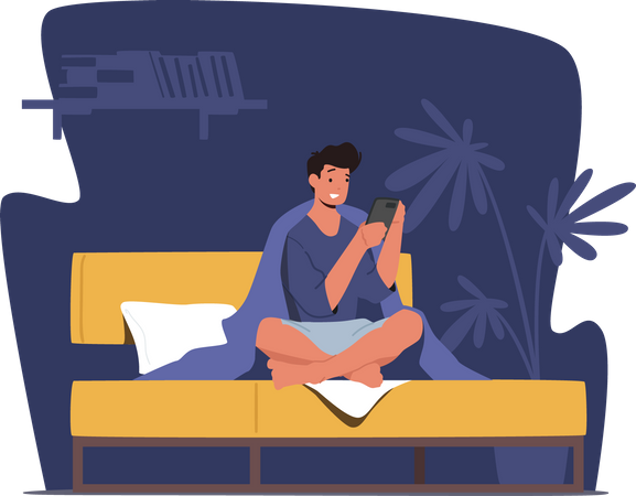 Hombre usando el teléfono mientras está sentado en la cama  Ilustración