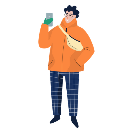 Hombre usando el teléfono mientras usa ropa de invierno  Ilustración