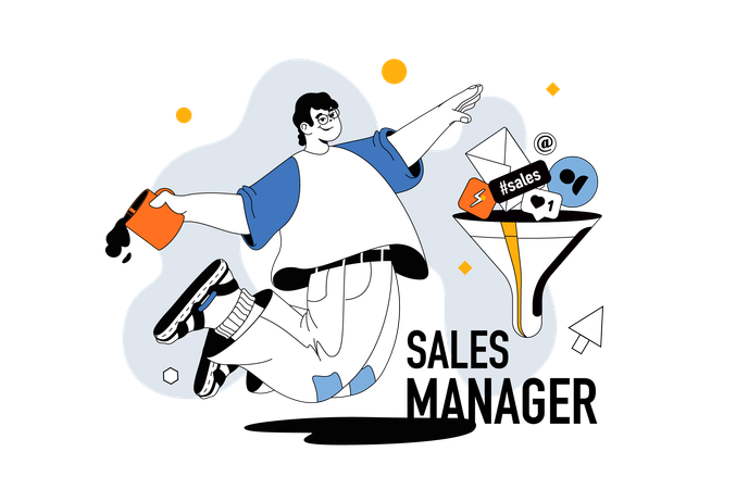 Hombre usando embudo de ventas para obtener ganancias  Ilustración