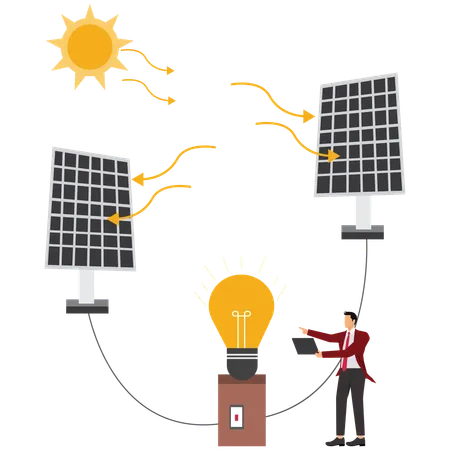 Hombre usando energía solar  Ilustración