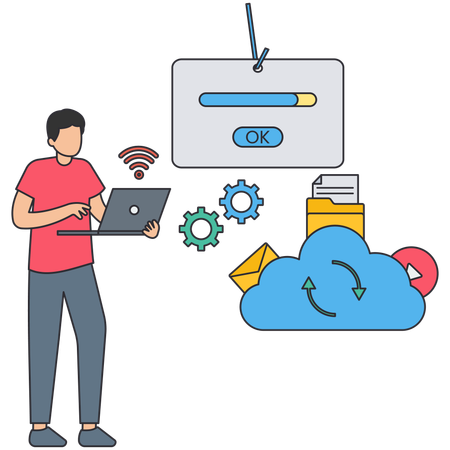 Hombre usando la función de sincronización en la nube  Illustration