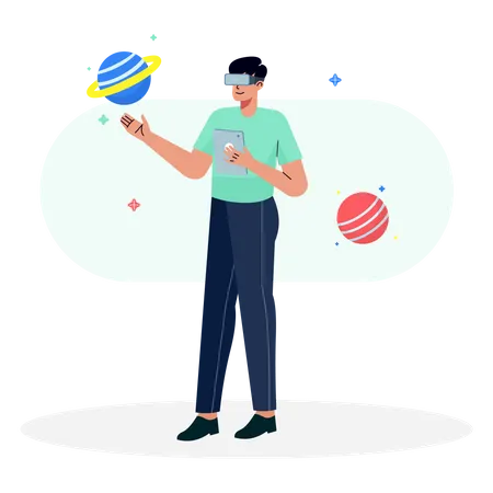 Hombre con gafas VR y disfrutando del espacio virtual  Ilustración