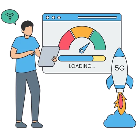 Hombre usando internet 5G mientras trabaja en la oficina  Ilustración