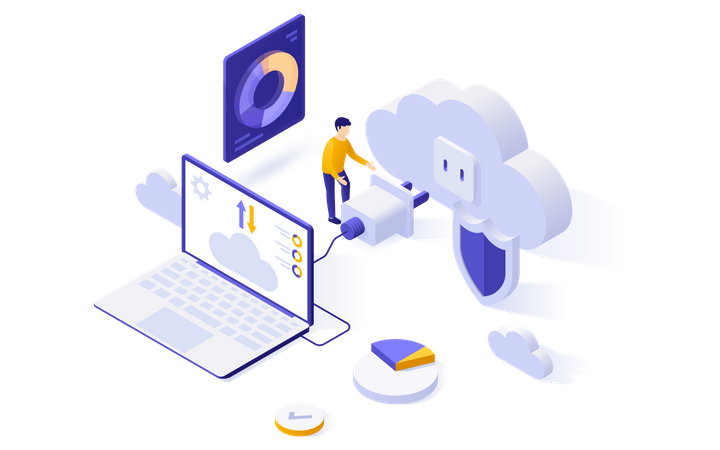 Hombre que usa internet para acceder a servicios en la nube  Ilustración