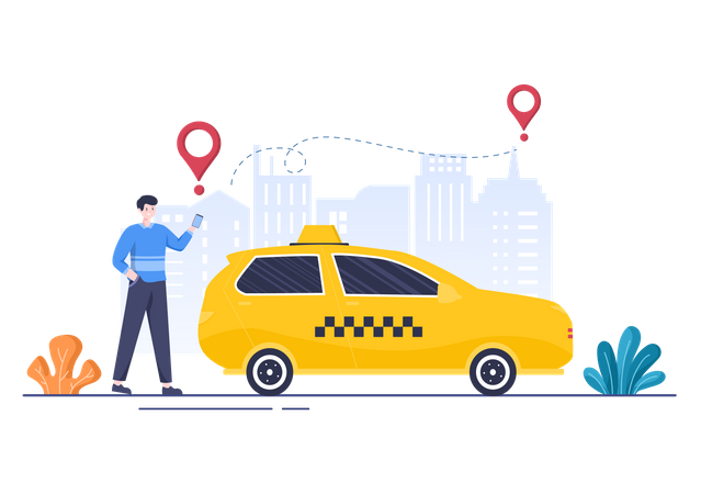 Hombre usando la aplicación de reserva de taxis en línea  Ilustración