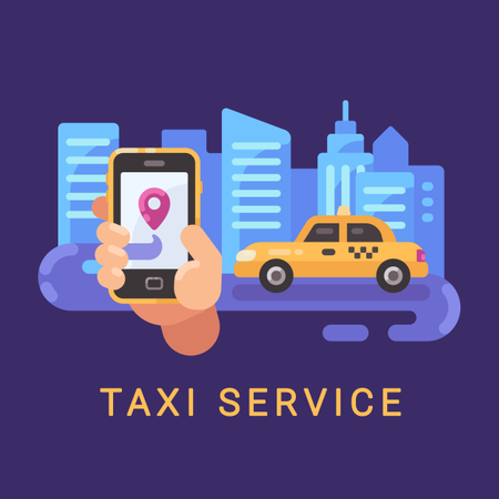 Hombre que utiliza la aplicación de servicio de reserva de taxi en línea en un teléfono inteligente  Ilustración