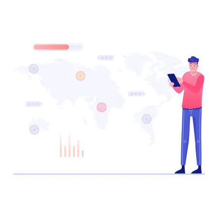 Hombre que utiliza la aplicación móvil de comercio de acciones global  Ilustración