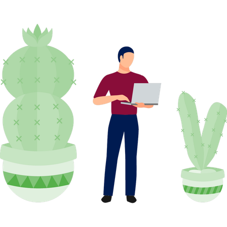 Hombre usando una computadora portátil cerca de una planta de cactus  Ilustración