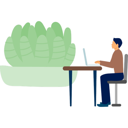 Hombre usando una computadora portátil cerca de una planta de cactus  Ilustración