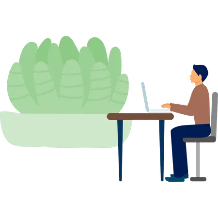 Hombre usando una computadora portátil cerca de una planta de cactus  Ilustración