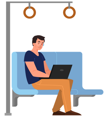 Hombre usando laptop en transporte público  Ilustración