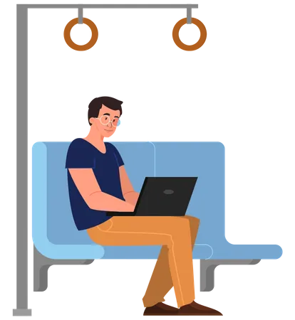 Hombre usando laptop en transporte público  Ilustración