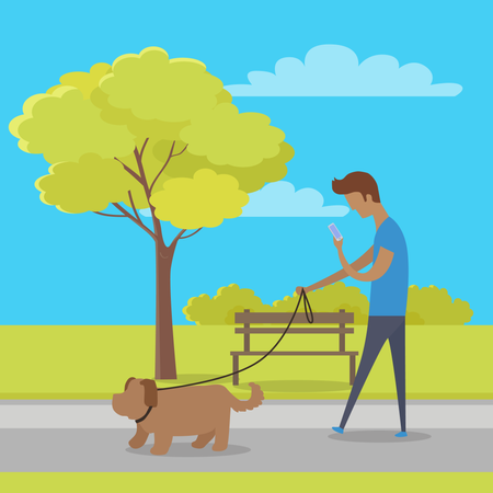 Hombre usando móvil con perro en City Park  Ilustración