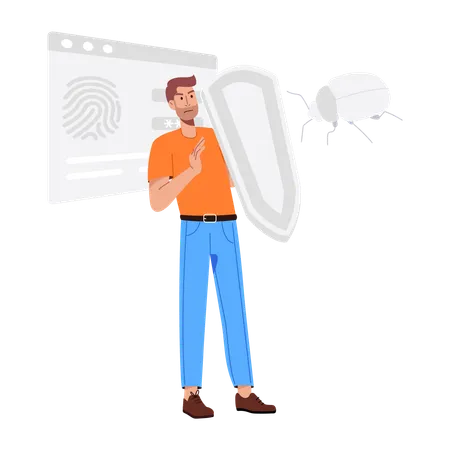 Hombre usando protección antivirus  Ilustración