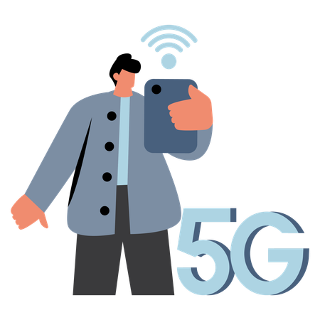 Hombre usando la red 5G en un teléfono inteligente  Ilustración