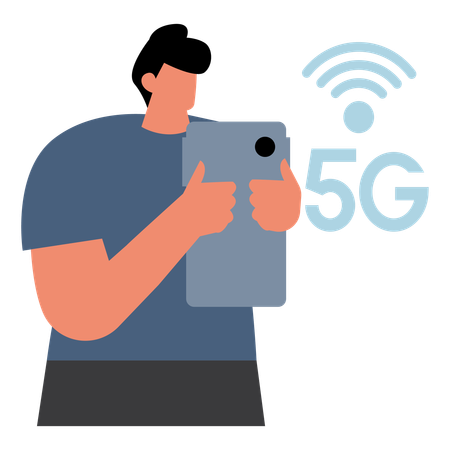 Hombre usando la red 5G en un teléfono inteligente  Ilustración