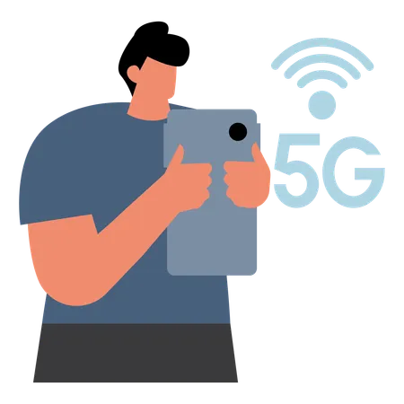 Hombre usando la red 5G en un teléfono inteligente  Ilustración