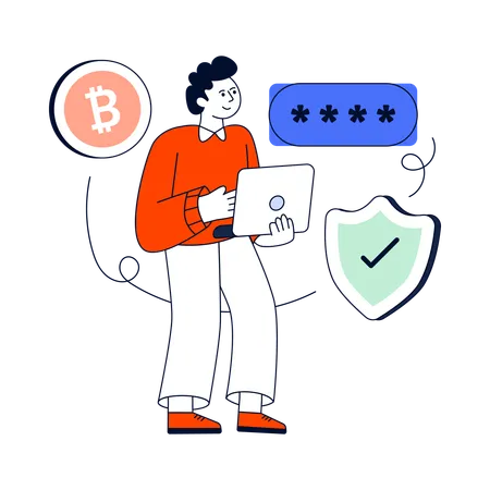 Hombre usando seguridad de Bitcoin  Ilustración