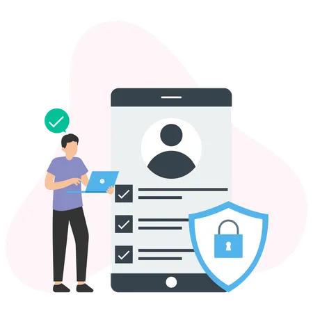 Hombre que usa seguridad digital en la cuenta  Ilustración