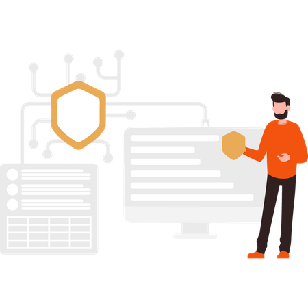 Hombre usando seguridad para la seguridad de los datos  Ilustración