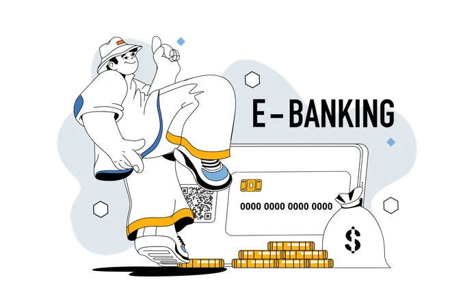 Hombre utilizando servicio de banca electrónica  Ilustración