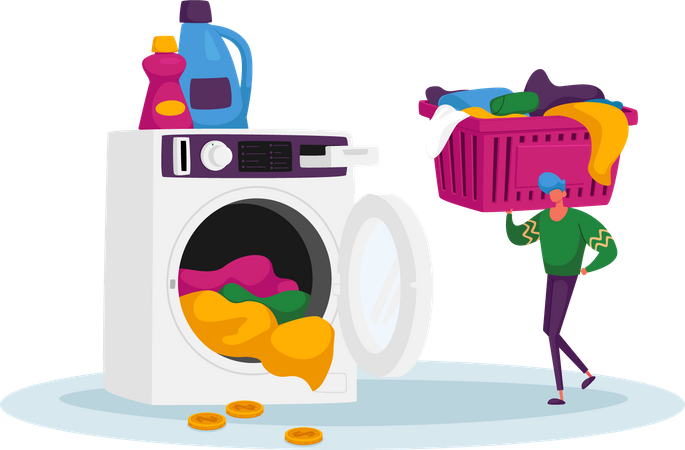 Hombre que utiliza el servicio de lavandería con monedas  Ilustración