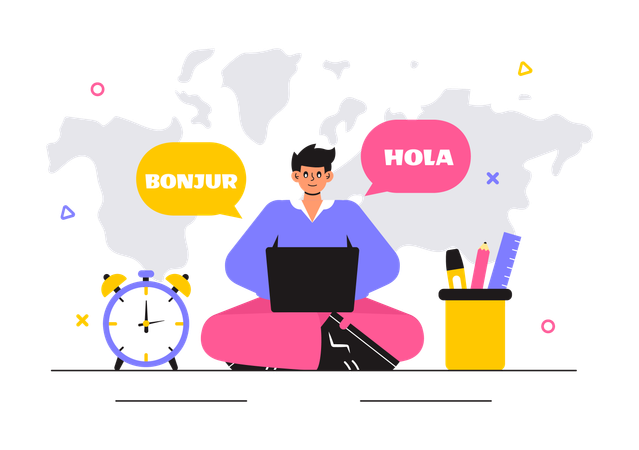 Hombre que utiliza un servicio de traducción de idiomas en línea  Illustration