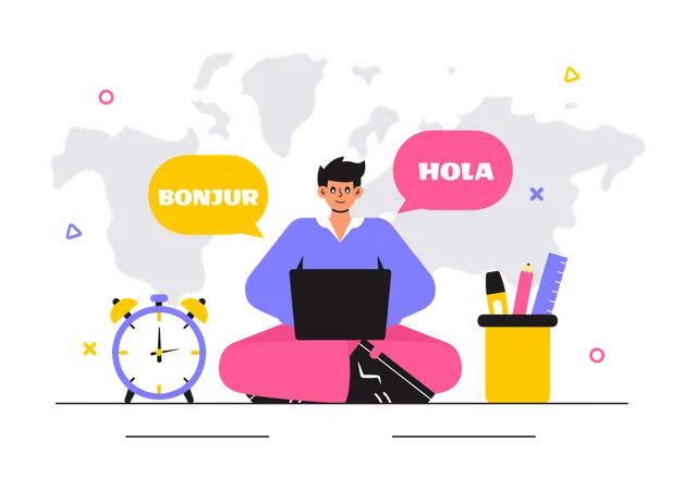 Hombre que utiliza un servicio de traducción de idiomas en línea  Illustration