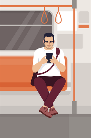 Hombre usando teléfono inteligente en tren  Ilustración