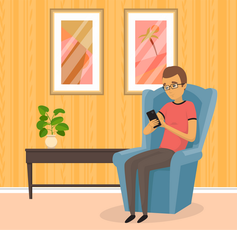 Hombre usando un teléfono inteligente mientras está sentado en el sofá  Ilustración