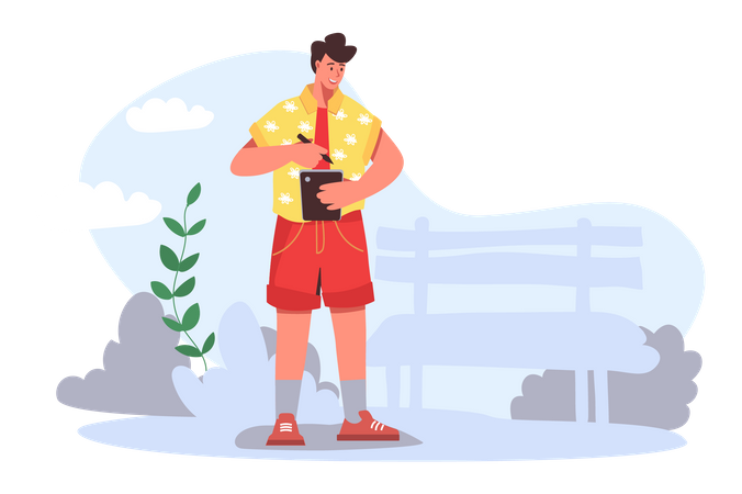 Hombre usando tableta en el parque de la ciudad  Illustration