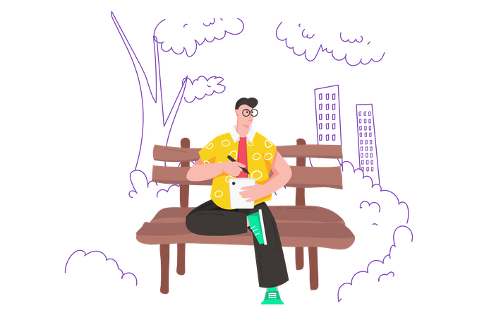 Hombre usando tableta en el parque  Illustration