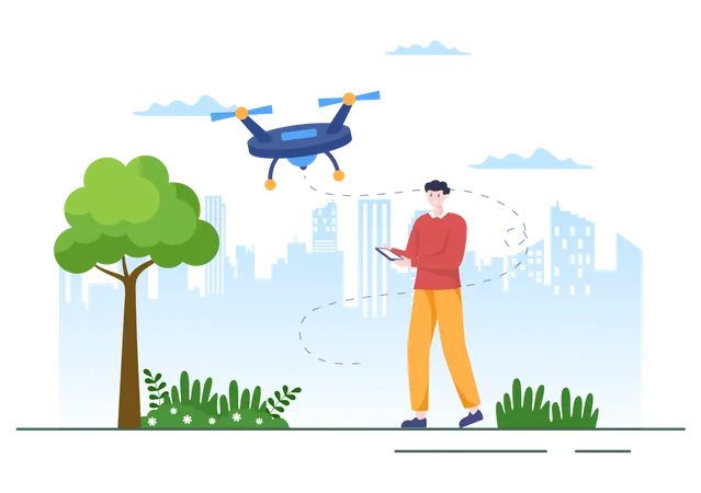 Drone Con Control Remoto De Camara Impulsado Volando Para Tomar Fotografias Y Grabar Videos En Una Ilustracion De Fondo Plano De Dibujos Animados Ilustración