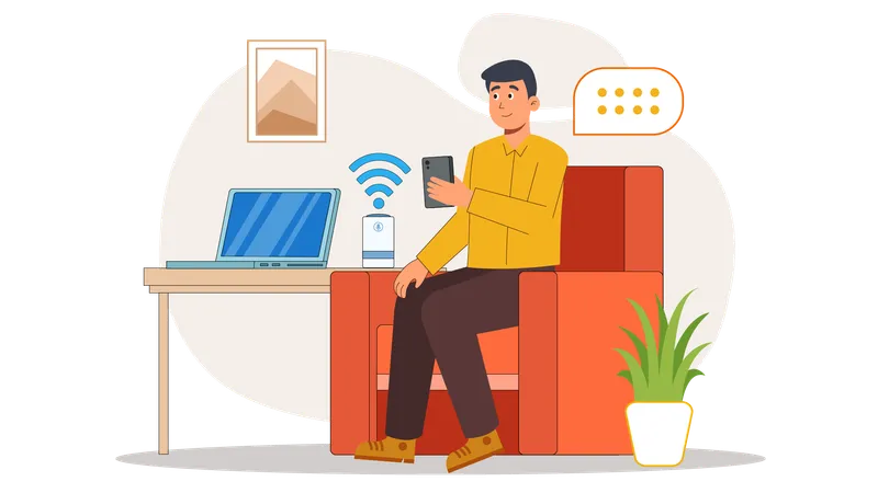 Hombre usando tecnología Wi-Fi desde casa  Ilustración