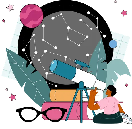 Hombre usando telescopio mirando planeta en galaxia  Ilustración