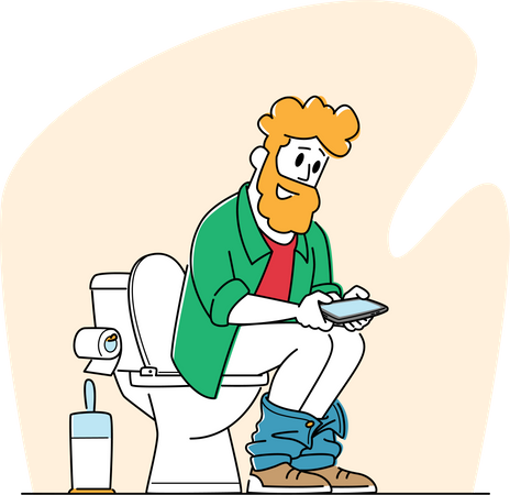 Hombre usando un teléfono inteligente mientras está sentado en el baño  Ilustración