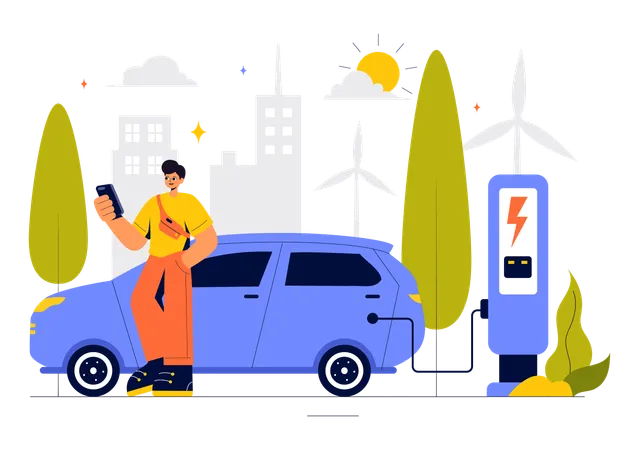 Hombre usando un teléfono mientras se carga la batería de un automóvil eléctrico  Ilustración