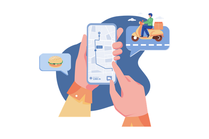 Hombre usando una aplicación de seguimiento para el seguimiento de entregas de alimentos  Ilustración