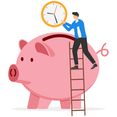 Hombre usando una escalera para subir y sosteniendo un gran reloj o reloj puesto en una alcancía de ahorro rosa  Ilustración